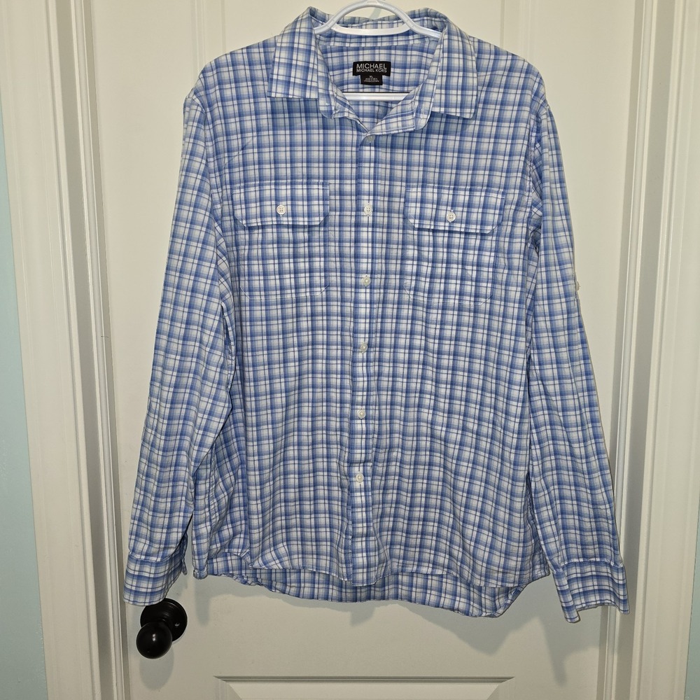 Michael Kors Men's Blue Plaid Long Sleeve Shirt -‎ Size XL